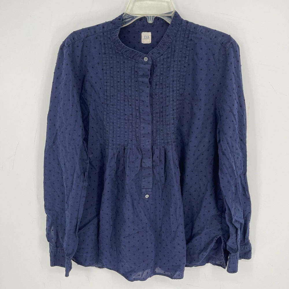 GAP Women's Navy Swiss Dot Pintuck Long Sleeve Henley Office Blouse Top Size XL